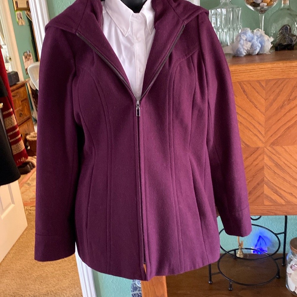 Hip Length Dark purple wool jacket with hood
